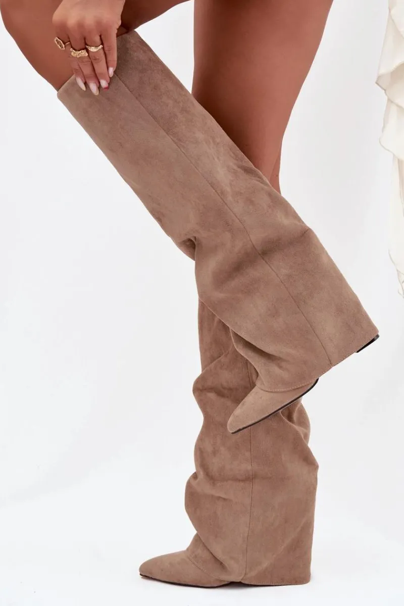 Best Ocieplane Kozaki Damskie Z Wywiniętą Cholewką Na Słupku Eko Zamszowe Beżowe Elivira Damskie Kozaki Ocieplane|Kozaki Na Słupku