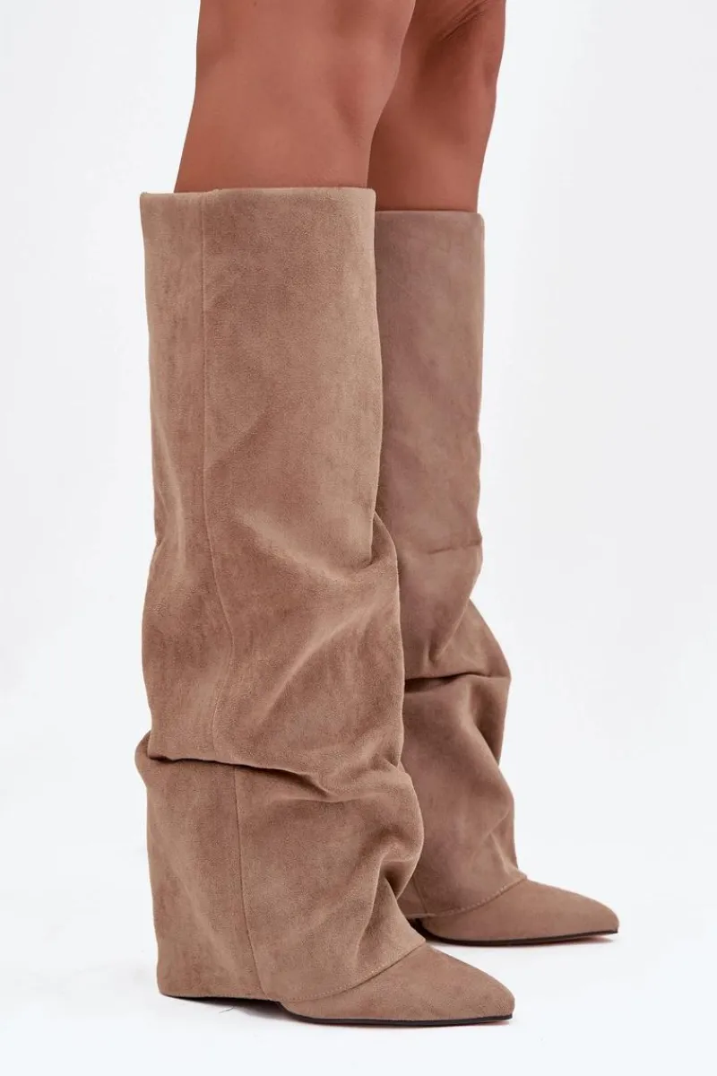 Best Ocieplane Kozaki Damskie Z Wywiniętą Cholewką Na Słupku Eko Zamszowe Beżowe Elivira Damskie Kozaki Ocieplane|Kozaki Na Słupku