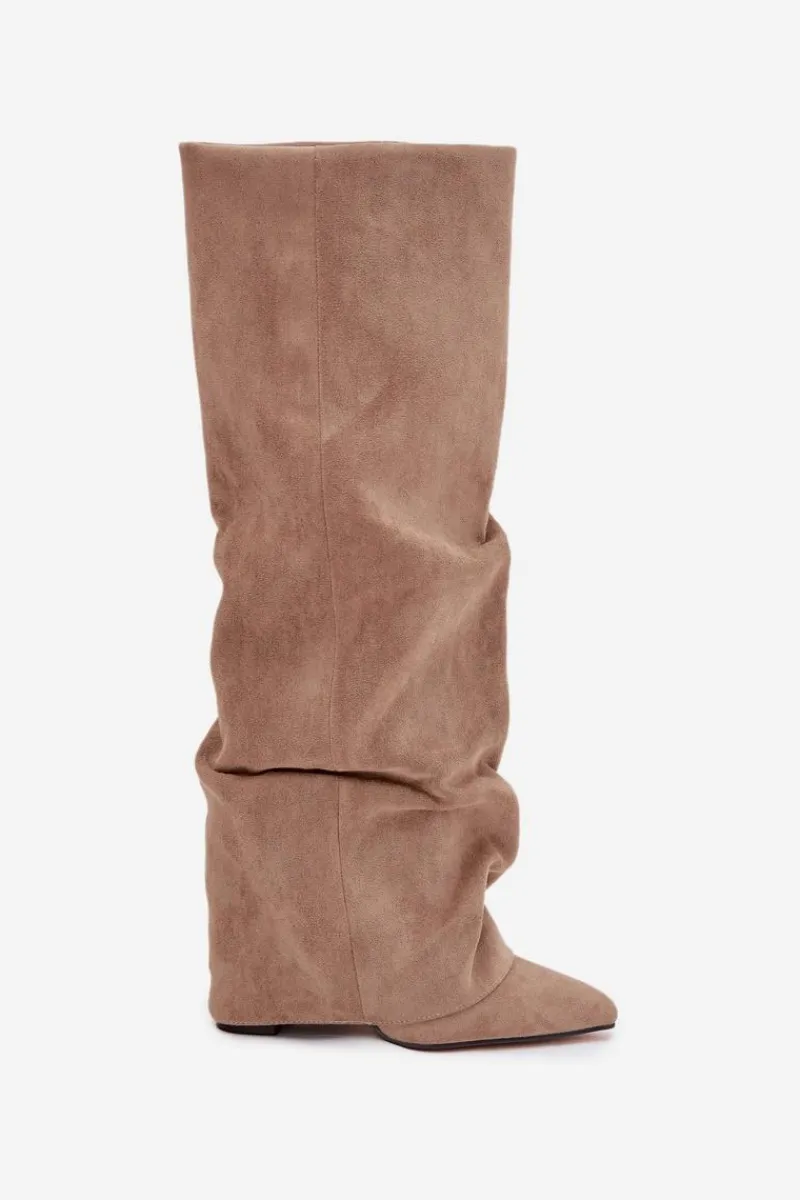 Best Ocieplane Kozaki Damskie Z Wywiniętą Cholewką Na Słupku Eko Zamszowe Beżowe Elivira Damskie Kozaki Ocieplane|Kozaki Na Słupku