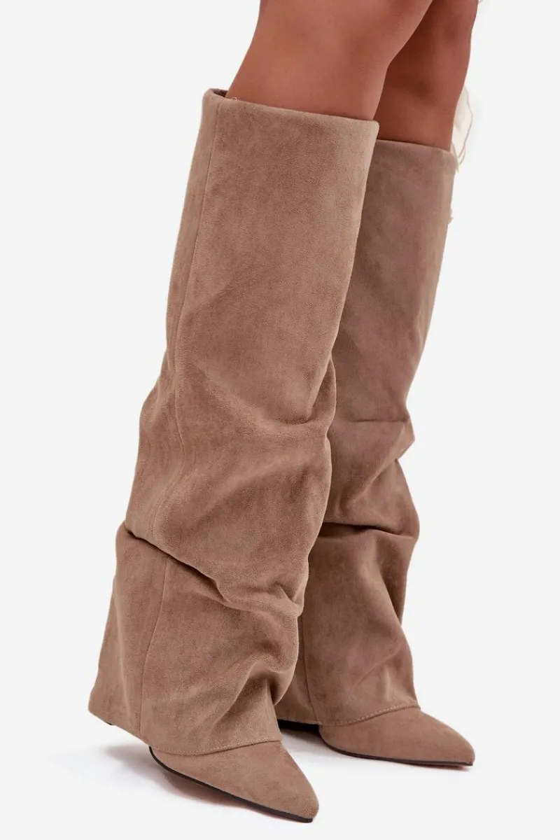 Best Ocieplane Kozaki Damskie Z Wywiniętą Cholewką Na Słupku Eko Zamszowe Beżowe Elivira Damskie Kozaki Ocieplane|Kozaki Na Słupku