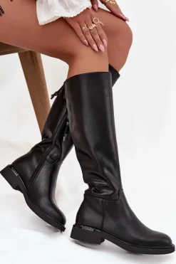 Online Ocieplane Kozaki Damskie Z Naturalnej Skóry Na Płaskim Obcasie Vinceza 66822 Czarne Damskie Kozaki Ocieplane|Muszkieterki