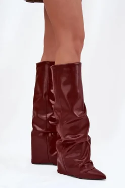 Discount Ocieplane Kozaki Damskie Z Wywiniętą Cholewką Na Słupku Bordowe Elivira Damskie Kozaki Ocieplane|Kozaki Na Słupku