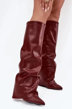 Discount Ocieplane Kozaki Damskie Z Wywiniętą Cholewką Na Słupku Bordowe Elivira Damskie Kozaki Ocieplane|Kozaki Na Słupku