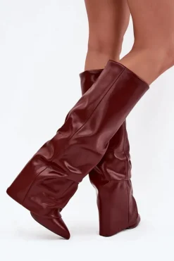 Discount Ocieplane Kozaki Damskie Z Wywiniętą Cholewką Na Słupku Bordowe Elivira Damskie Kozaki Ocieplane|Kozaki Na Słupku