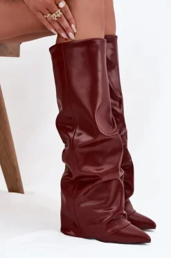 Discount Ocieplane Kozaki Damskie Z Wywiniętą Cholewką Na Słupku Bordowe Elivira Damskie Kozaki Ocieplane|Kozaki Na Słupku