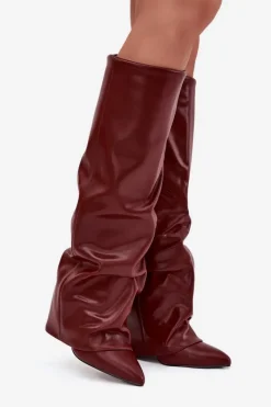 Discount Ocieplane Kozaki Damskie Z Wywiniętą Cholewką Na Słupku Bordowe Elivira Damskie Kozaki Ocieplane|Kozaki Na Słupku