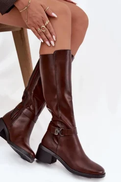 New Ocieplane Kozaki Damskie Na Klocku Z Paskiem Sergio Leone KZ25826 Brązowe Damskie Kozaki Przed Kolano|Kozaki Na Obcasie