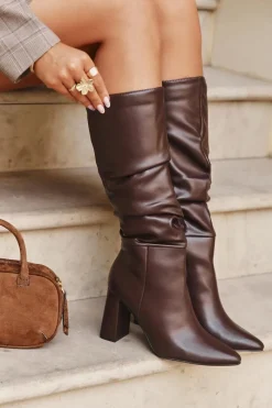 New Ocieplane Kozaki Damskie Na Słupku Z Marszczeniem Czekoladowe Dariane Damskie Kozaki Na Słupku|Kozaki Przed Kolano