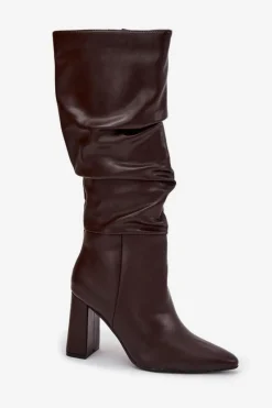 New Ocieplane Kozaki Damskie Na Słupku Z Marszczeniem Czekoladowe Dariane Damskie Kozaki Na Słupku|Kozaki Przed Kolano