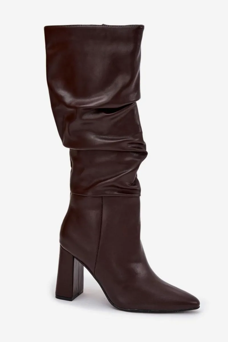 New Ocieplane Kozaki Damskie Na Słupku Z Marszczeniem Czekoladowe Dariane Damskie Kozaki Na Słupku|Kozaki Przed Kolano