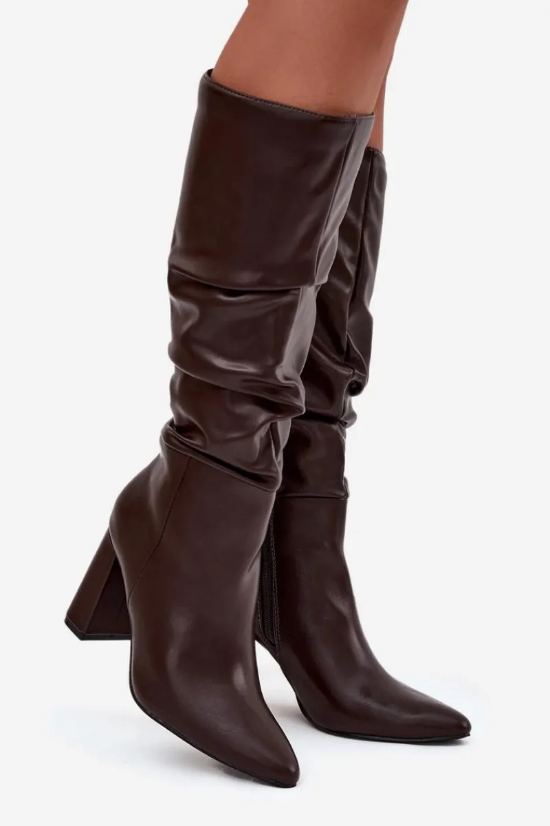 New Ocieplane Kozaki Damskie Na Słupku Z Marszczeniem Czekoladowe Dariane Damskie Kozaki Na Słupku|Kozaki Przed Kolano