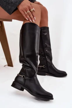 Boto Ocieplane Kozaki Damskie Na Płaskim Obcasie Z Ozdobnym Detalem Czarne Renaya Czarny