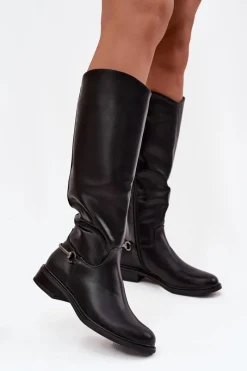 Boto Ocieplane Kozaki Damskie Na Płaskim Obcasie Z Ozdobnym Detalem Czarne Renaya Czarny