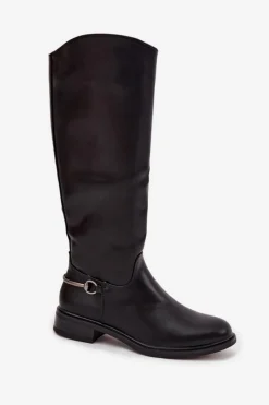 Boto Ocieplane Kozaki Damskie Na Płaskim Obcasie Z Ozdobnym Detalem Czarne Renaya Czarny