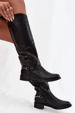 Boto Ocieplane Kozaki Damskie Na Płaskim Obcasie Z Ozdobnym Detalem Czarne Renaya Czarny