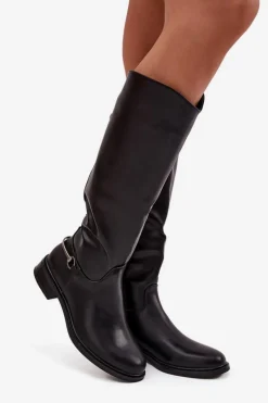 Boto Ocieplane Kozaki Damskie Na Płaskim Obcasie Z Ozdobnym Detalem Czarne Renaya Czarny