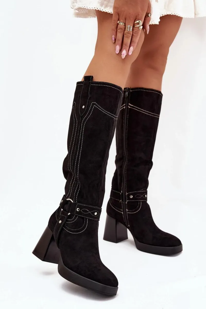 Outlet Boto Ocieplane Kozaki Damskie Na Słupku Z Przeszyciami Czarne Alessara Czarny