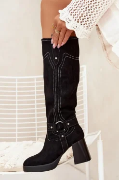 Outlet Boto Ocieplane Kozaki Damskie Na Słupku Z Przeszyciami Czarne Alessara Czarny