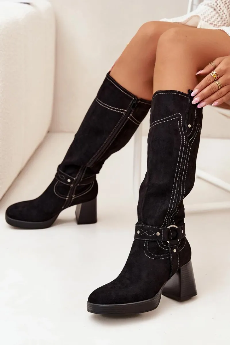 Outlet Boto Ocieplane Kozaki Damskie Na Słupku Z Przeszyciami Czarne Alessara Czarny