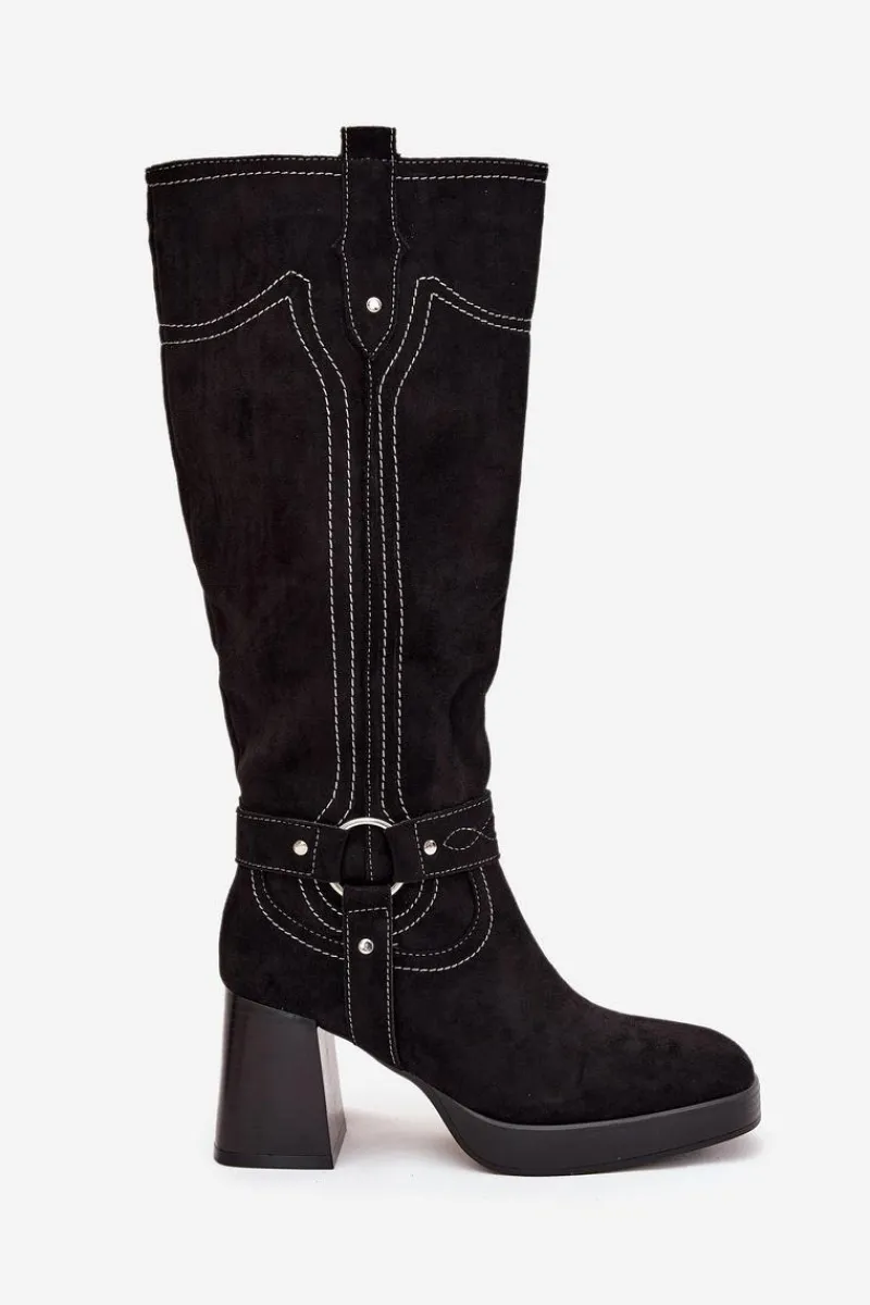 Outlet Boto Ocieplane Kozaki Damskie Na Słupku Z Przeszyciami Czarne Alessara Czarny