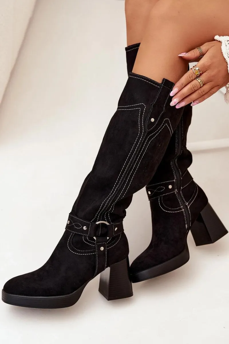 Outlet Boto Ocieplane Kozaki Damskie Na Słupku Z Przeszyciami Czarne Alessara Czarny