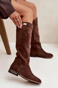 Kozaki Ocieplane|Kozaki Płaskie>Boto Ocieplane Kozaki Damskie Na Płaskim Obcasie Z Paskiem I Srebrnym Detalem Brązowe Geraline