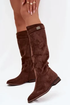 Kozaki Ocieplane|Kozaki Płaskie>Boto Ocieplane Kozaki Damskie Na Płaskim Obcasie Z Paskiem I Srebrnym Detalem Brązowe Geraline