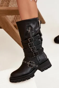 New Boto Ocieplane Kozaki Damskie Z Paskami I Klamrami Czarne Ivaline Czarny