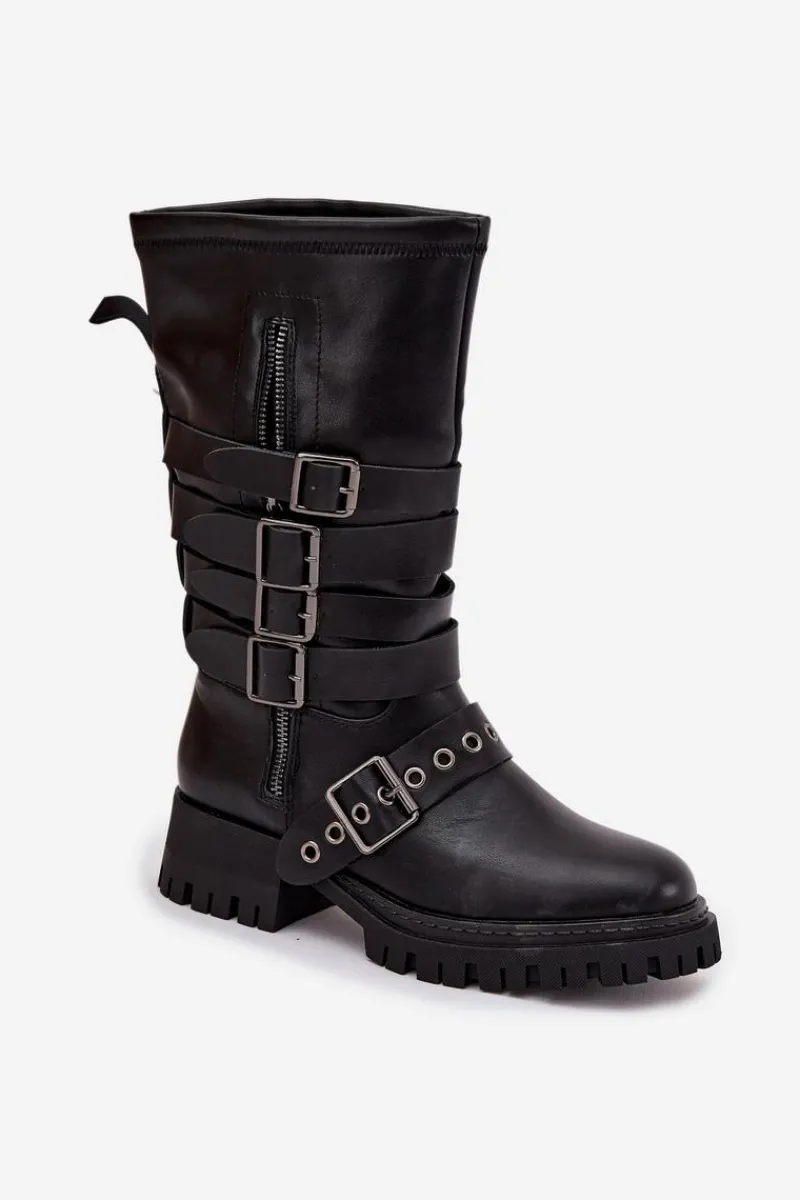 New Boto Ocieplane Kozaki Damskie Z Paskami I Klamrami Czarne Ivaline Czarny