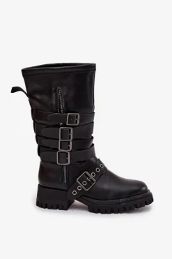 New Boto Ocieplane Kozaki Damskie Z Paskami I Klamrami Czarne Ivaline Czarny