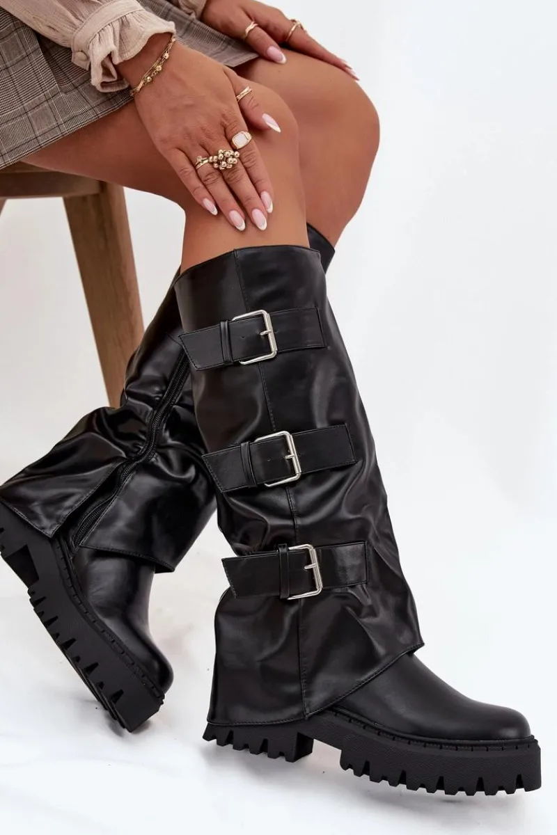 Best Ocieplane Kozaki Damskie Ze Srebrnymi Klamrami Czarne Isavine Damskie Kozaki Ocieplane|Kozaki Płaskie