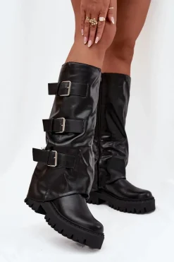 Best Ocieplane Kozaki Damskie Ze Srebrnymi Klamrami Czarne Isavine Damskie Kozaki Ocieplane|Kozaki Płaskie