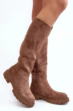 Clearance Evento Ocieplane Kozaki Damskie Przed Kolano Brązowe Heliofa Brązowy