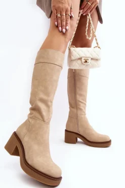 Clearance Ocieplane Kozaki Damskie Na Masywnym Obcasie Beżowe Calvisa Damskie Kozaki Przed Kolano|Kozaki Na Obcasie