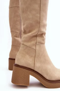 Clearance Ocieplane Kozaki Damskie Na Masywnym Obcasie Beżowe Calvisa Damskie Kozaki Przed Kolano|Kozaki Na Obcasie