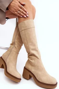 Clearance Ocieplane Kozaki Damskie Na Masywnym Obcasie Beżowe Calvisa Damskie Kozaki Przed Kolano|Kozaki Na Obcasie