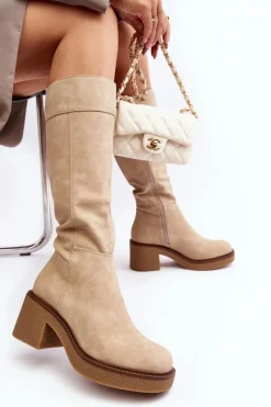 Clearance Ocieplane Kozaki Damskie Na Masywnym Obcasie Beżowe Calvisa Damskie Kozaki Przed Kolano|Kozaki Na Obcasie