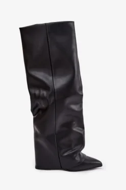 New Boto Ocieplane Kozaki Damskie Z Wywiniętą Cholewką Na Słupku Czarne Elivira Czarny