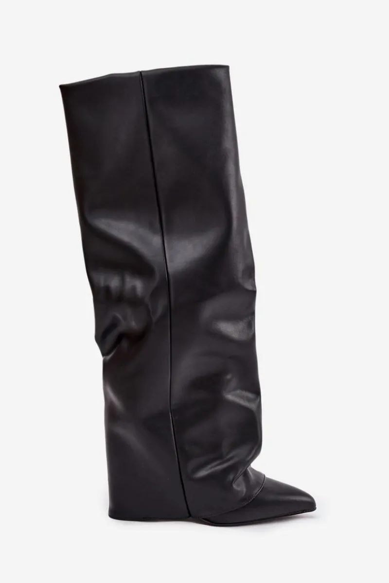 New Boto Ocieplane Kozaki Damskie Z Wywiniętą Cholewką Na Słupku Czarne Elivira Czarny