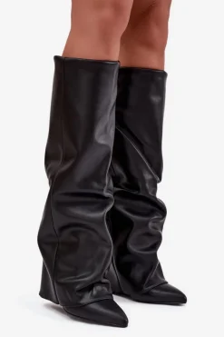 New Boto Ocieplane Kozaki Damskie Z Wywiniętą Cholewką Na Słupku Czarne Elivira Czarny