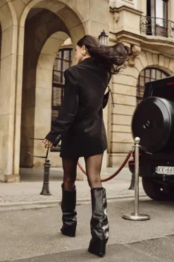 New Boto Ocieplane Kozaki Damskie Z Wywiniętą Cholewką Na Słupku Czarne Elivira Czarny