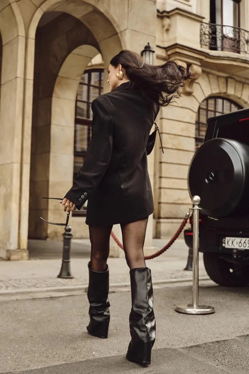 New Boto Ocieplane Kozaki Damskie Z Wywiniętą Cholewką Na Słupku Czarne Elivira Czarny