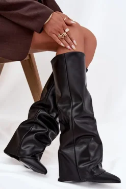 New Boto Ocieplane Kozaki Damskie Z Wywiniętą Cholewką Na Słupku Czarne Elivira Czarny