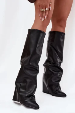 New Boto Ocieplane Kozaki Damskie Z Wywiniętą Cholewką Na Słupku Czarne Elivira Czarny