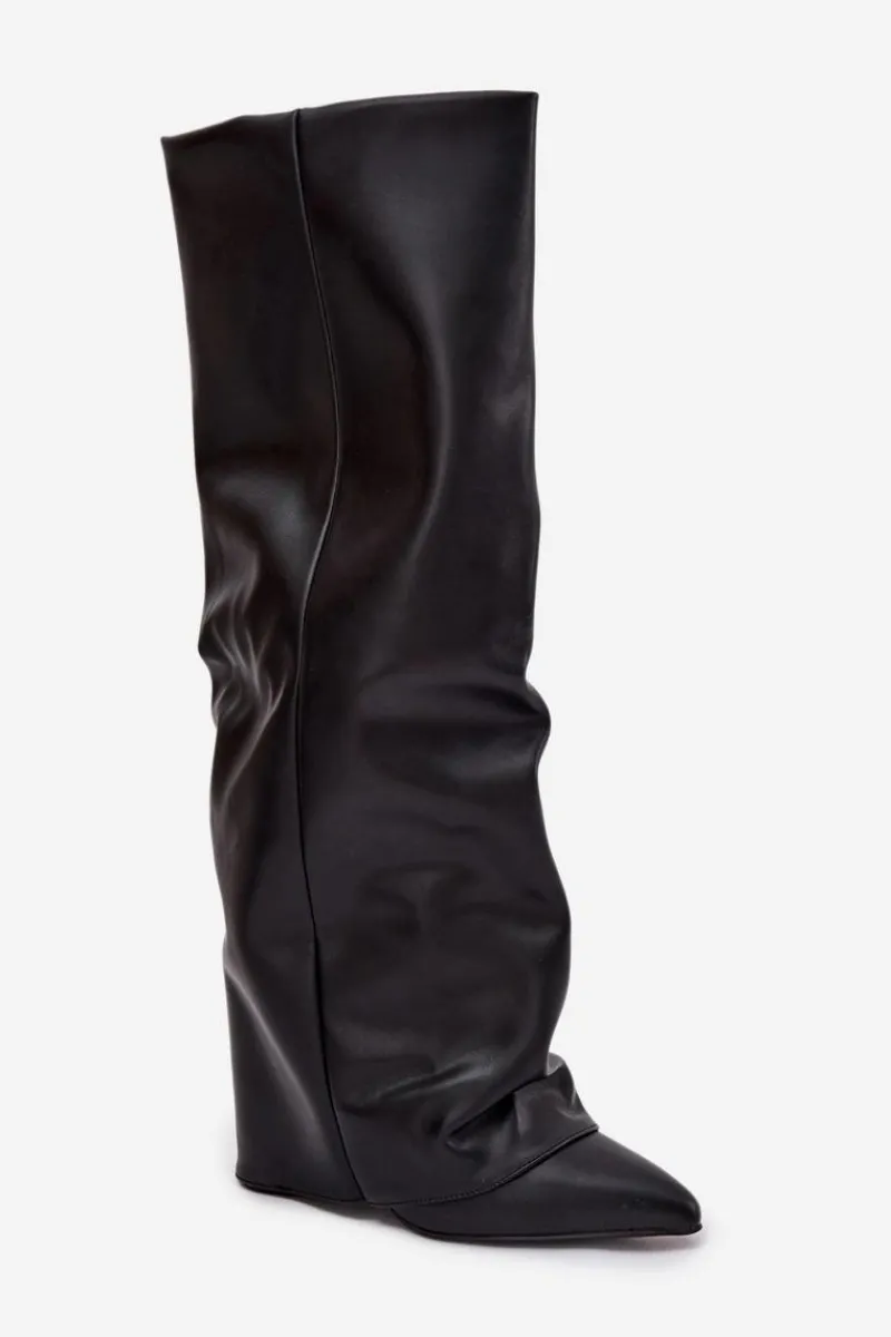 New Boto Ocieplane Kozaki Damskie Z Wywiniętą Cholewką Na Słupku Czarne Elivira Czarny