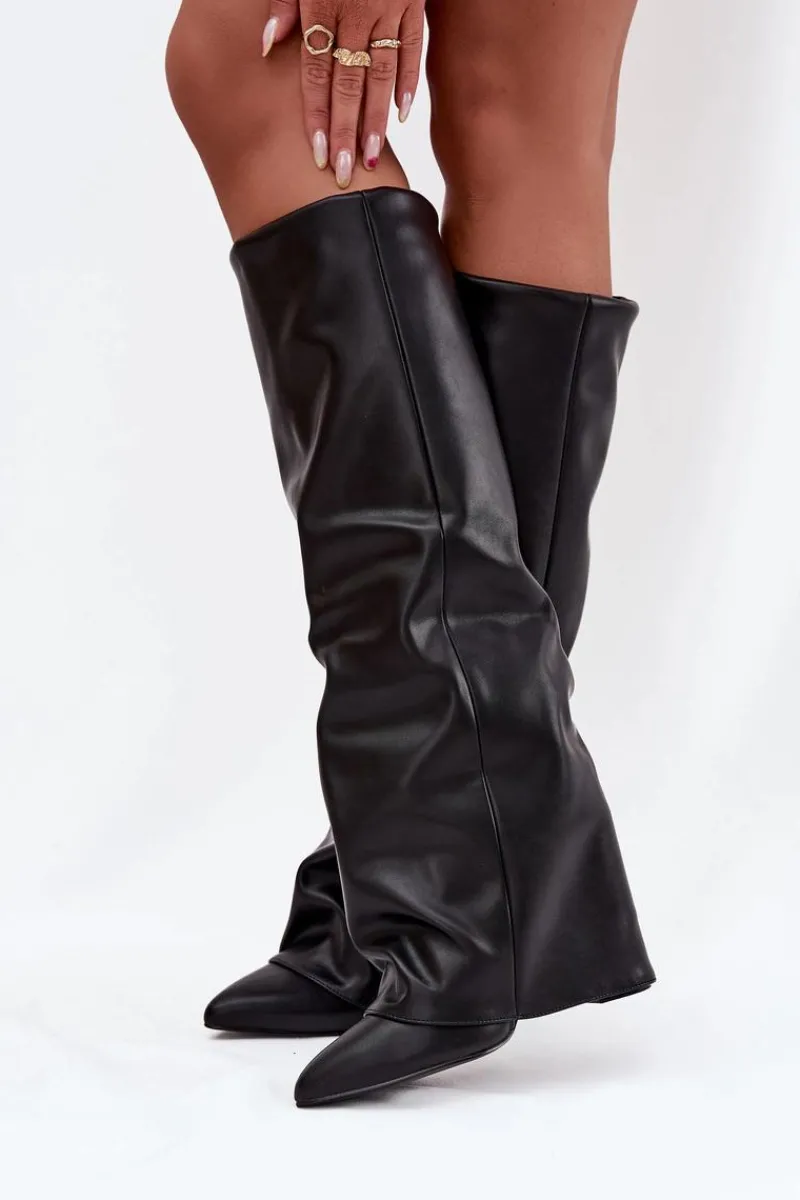 New Boto Ocieplane Kozaki Damskie Z Wywiniętą Cholewką Na Słupku Czarne Elivira Czarny