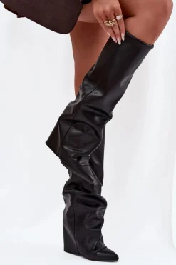 New Boto Ocieplane Kozaki Damskie Z Wywiniętą Cholewką Na Słupku Czarne Elivira Czarny