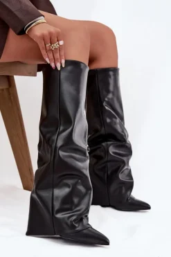 New Boto Ocieplane Kozaki Damskie Z Wywiniętą Cholewką Na Słupku Czarne Elivira Czarny