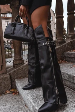 Sale Ocieplane Kozaki Damskie Za Kolano Na Słupku Z Paskiem Klamrą I Srebrnym Zamkiem Czarne Reisa Damskie Kozaki Ocieplane|Muszkieterki