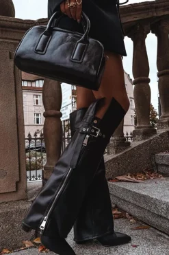 Sale Ocieplane Kozaki Damskie Za Kolano Na Słupku Z Paskiem Klamrą I Srebrnym Zamkiem Czarne Reisa Damskie Kozaki Ocieplane|Muszkieterki